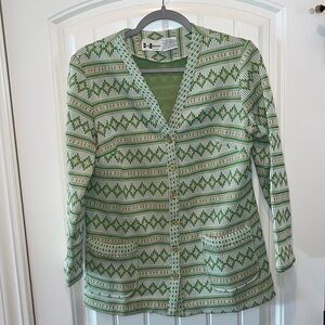 Vintage 1970s 70s retro hippie boho green geometric cardigan blazer M/L